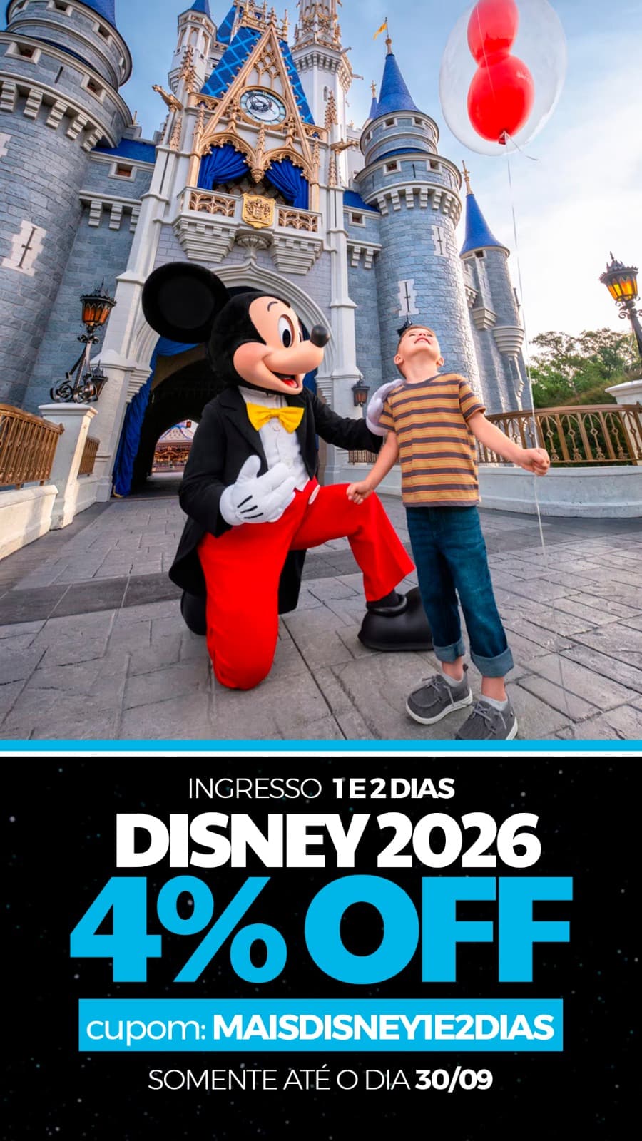 Cupom MAISDISNEY1E2DIAS: 4% OFF no Ingresso da Disney de 1 e 2 Dias, Só Até 30/09